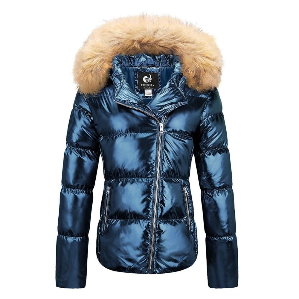 CHERFLY Women's Winter Jackets Warm Shining Short Down Coats with Fur Hood sz M